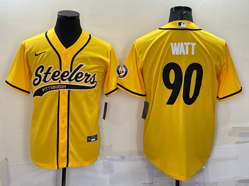 Men's Pittsburgh Steelers #90 T.J. Watt Yellow With Patch Cool Base Stitched Baseball Jersey